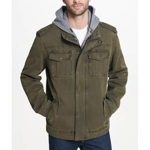 Levi's Mens Military Jacket Green Olive Washed Cotton Sherpa Lined Hooded Small